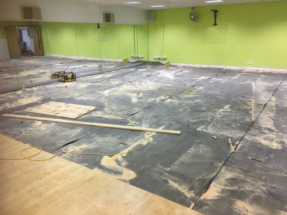 Leisure centre fitness studio floor during pulastic refurbishment by Sport Surfaces UK