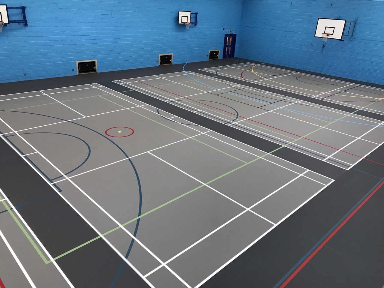 Pulastic multi-use sports floor installation with court markings for indoor Leisure Centre and school Sports halls