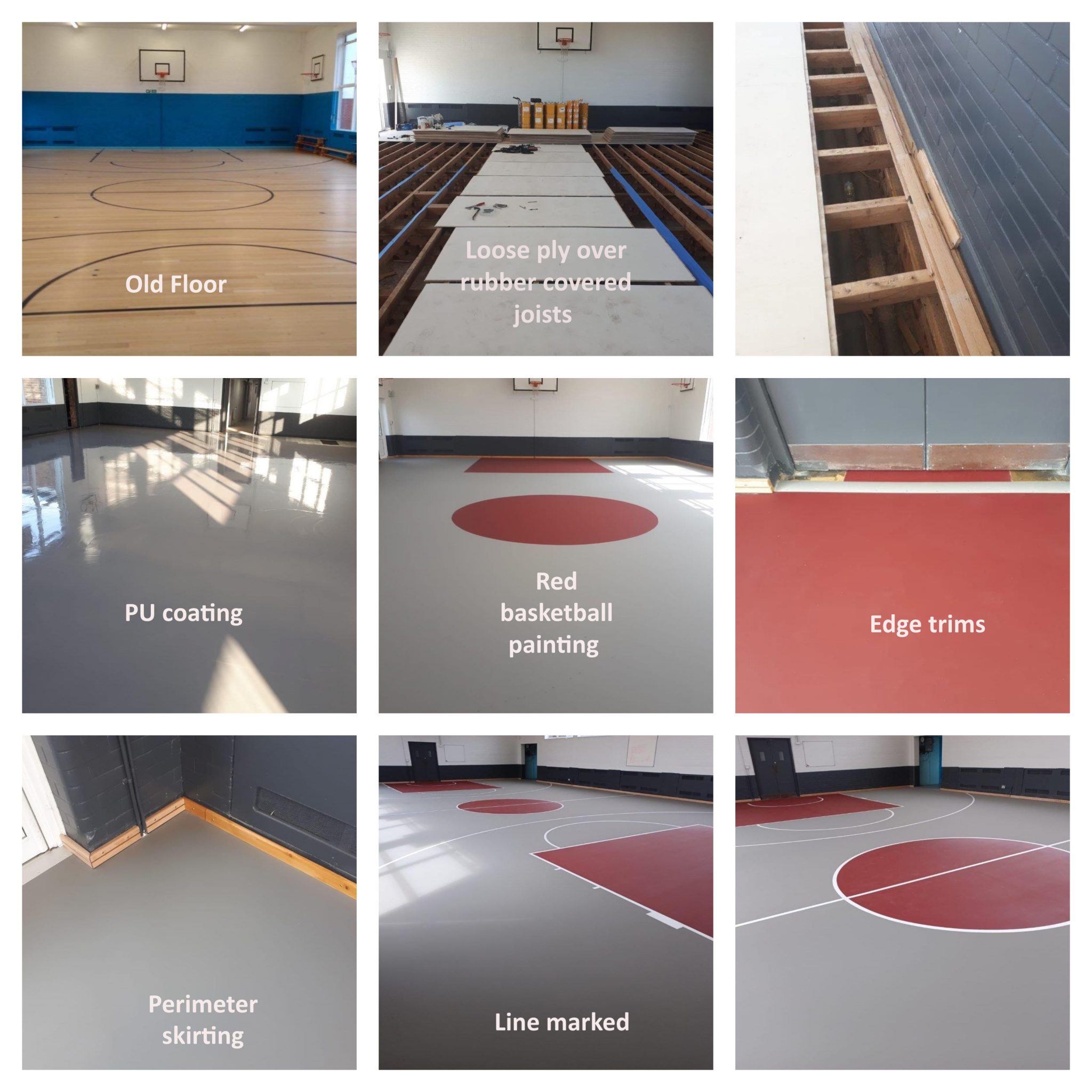 Supply and installation of our Pulastic Elite Comfort 20 ONE (UNO 32) sports surfacing system with plywood undercarriage along with Skirting Boards & Court Markings.