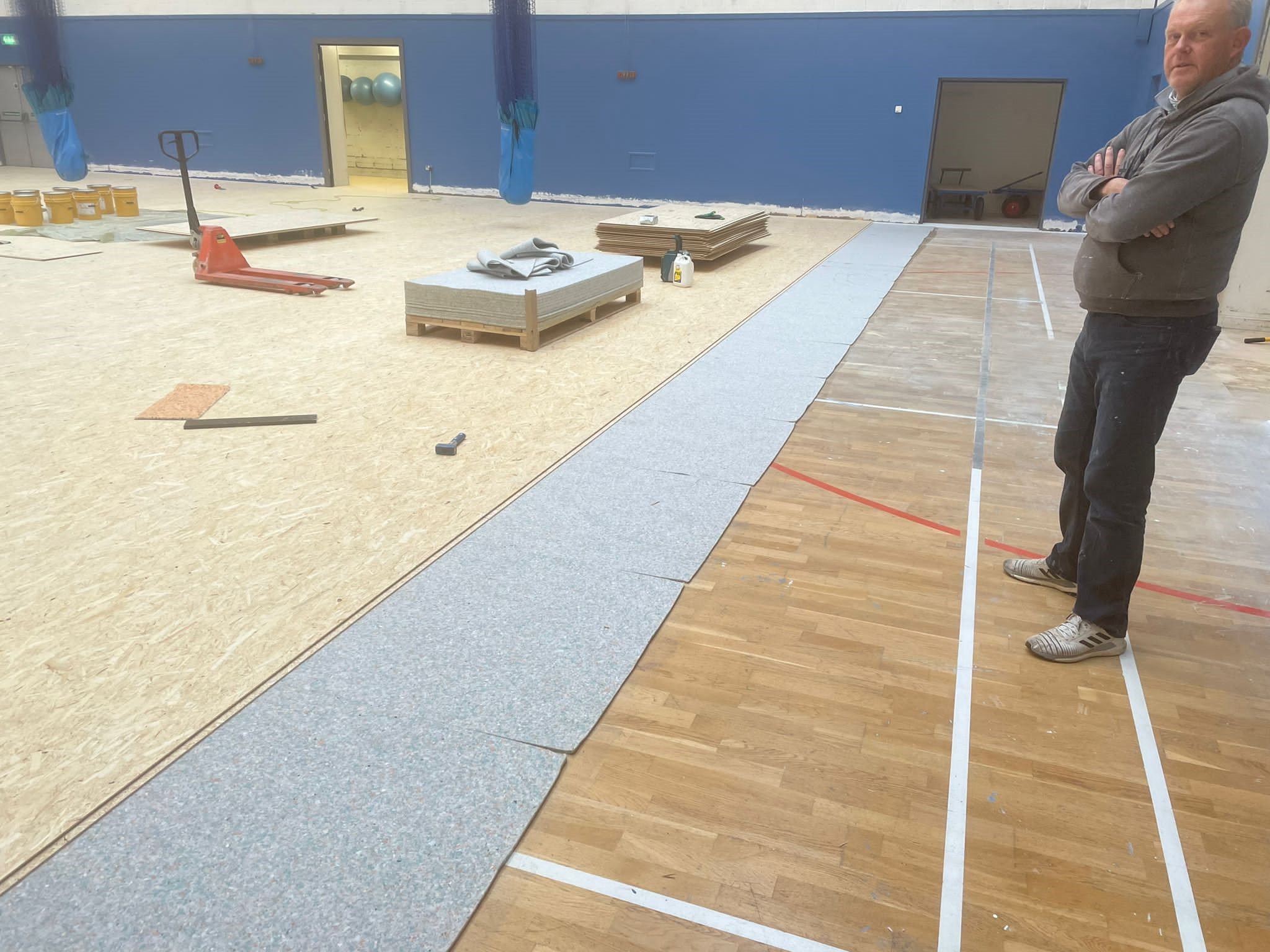 Boarding out before the Pulastic Indoor sports floor overlay -refurbishment service