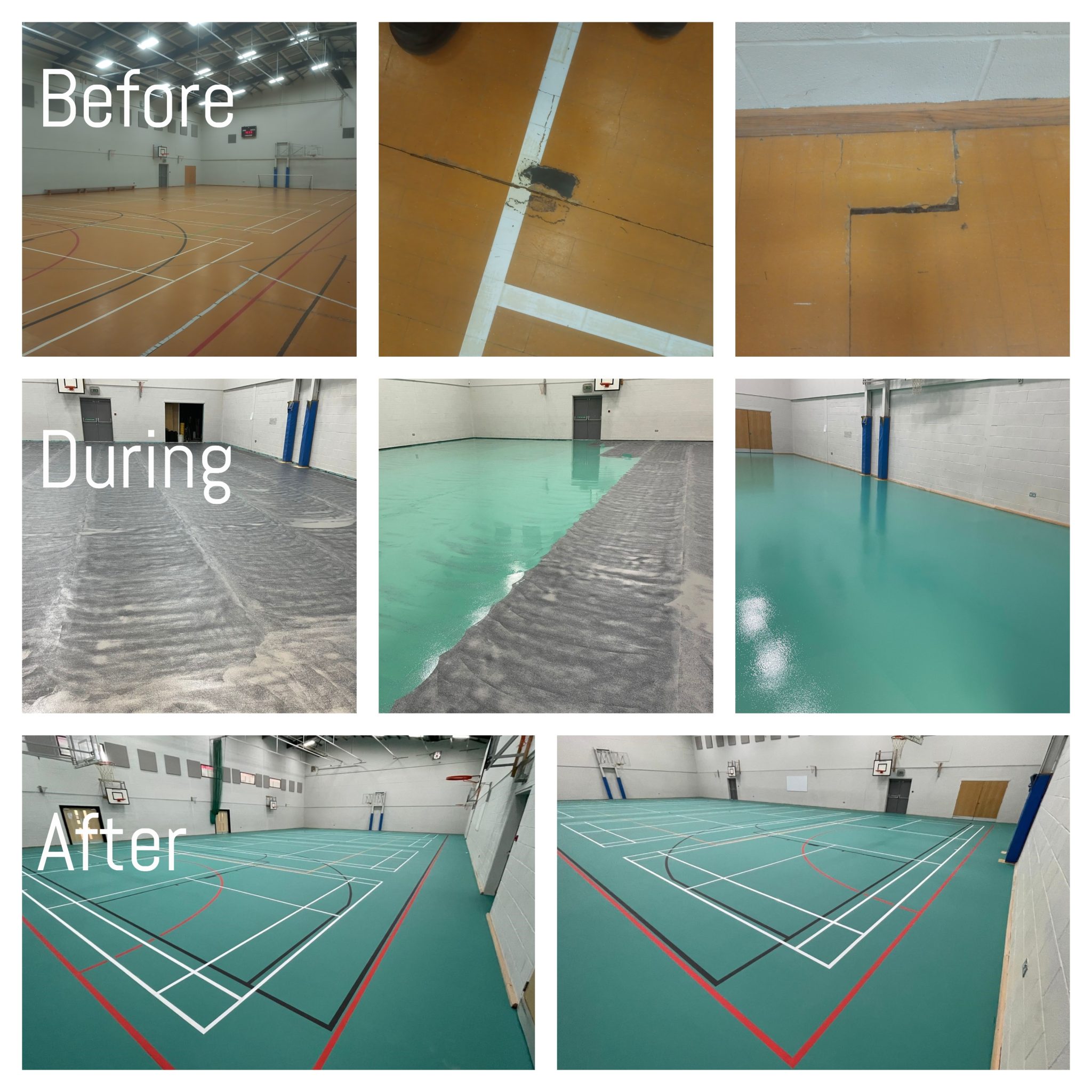 The SSUK team have been busy giving a new lease of life to an old existing Granwood floor in Blackpool. Check out the images below of this impressive 609sqm Pulastic 110 mint turquoise indoor sports hall with a water based low VOC top coat complete with the following court markings:
